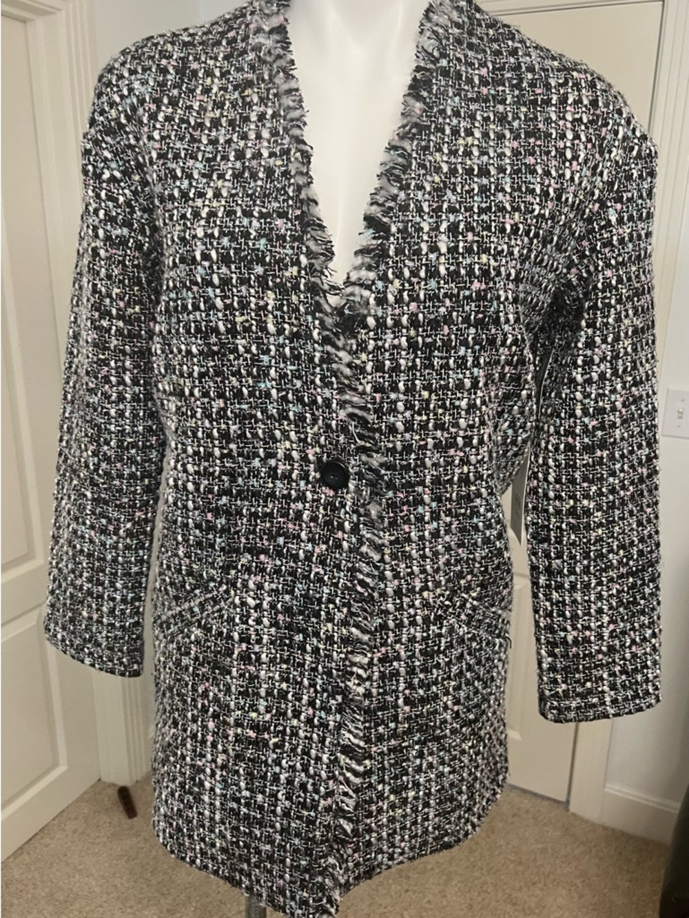 Leith Black and White Tweed Fringed Single-Button Blazer with Pastel Accents